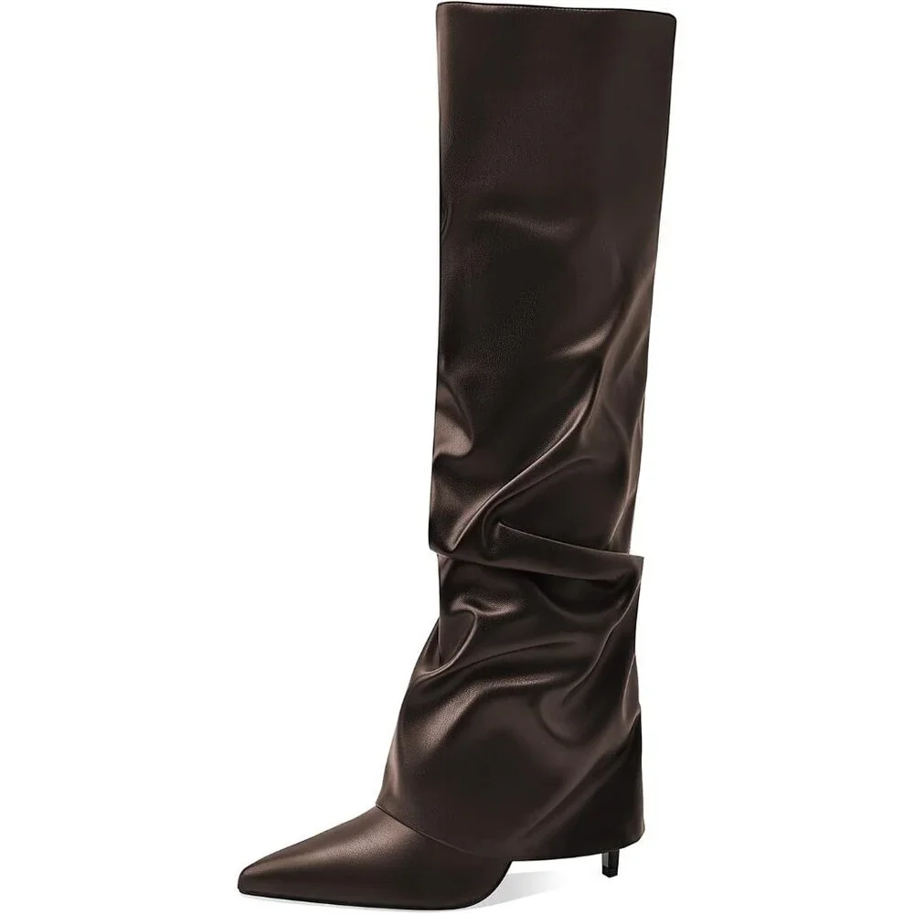 Women's Brown-Pu Knee High Fold Over Wide Calf Pointed Toe Long Heel Boot